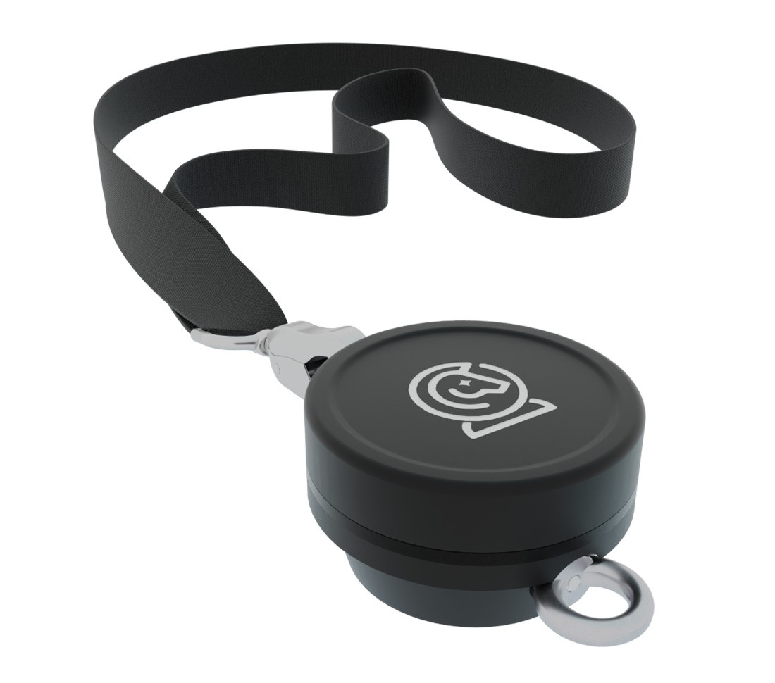 A close-up of the Horcery Bucket Meter, featuring a sleek black circular casing with the Horcery logo on top. Attached is a sturdy black strap with a silver clip, designed for easy fastening.