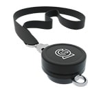 A close-up of the Horcery Bucket Meter, featuring a sleek black circular casing with the Horcery logo on top. Attached is a sturdy black strap with a silver clip, designed for easy fastening.