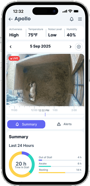 Mobile screen displaying the Horcery app with live video from a horse stall, behavior summaries, and environmental metrics for a horse named Apollo.