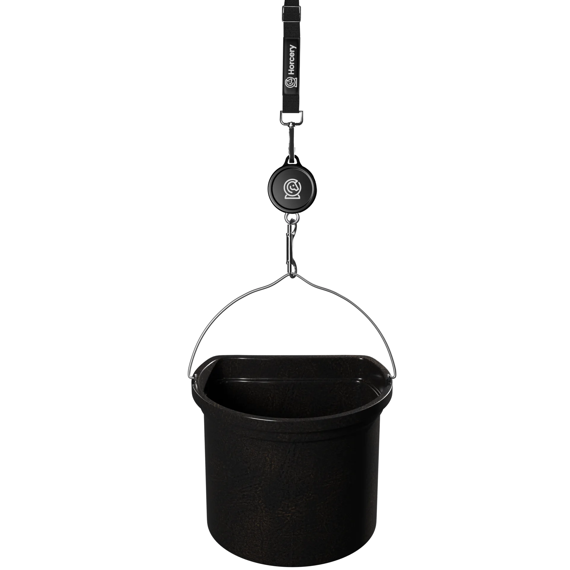 A black Horcery Bucket Meter system featuring a sturdy plastic feed or water bucket suspended by a metal handle. It is a connected via a branded strap and clip, designed to monitor weight and consumption levels in real-time.